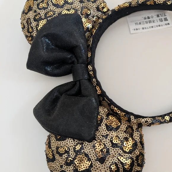 Disney Leopard Print Minnie Mouse Ears Headband With Black Lame Bow - Picture 7 of 7